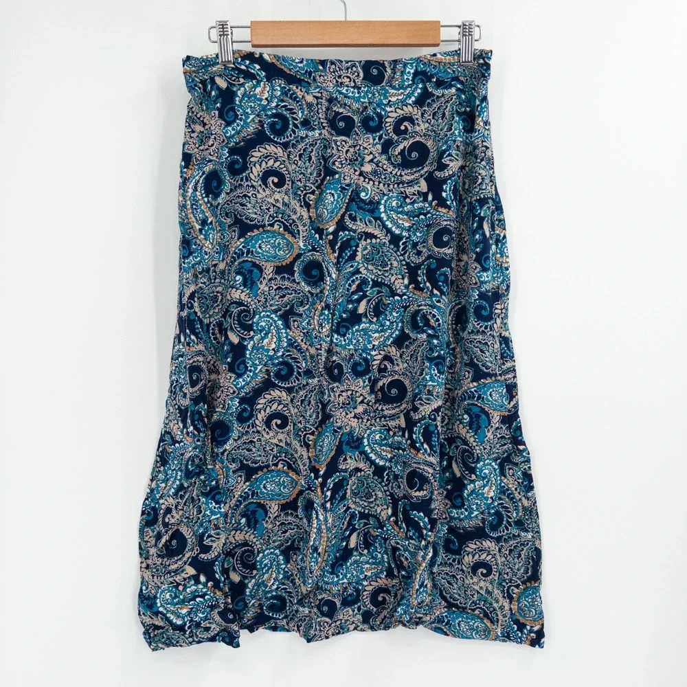 Boho Paisley Midi Skirt Womens L Blue Hippie Festival Flowy Summer‎ Retro 70s